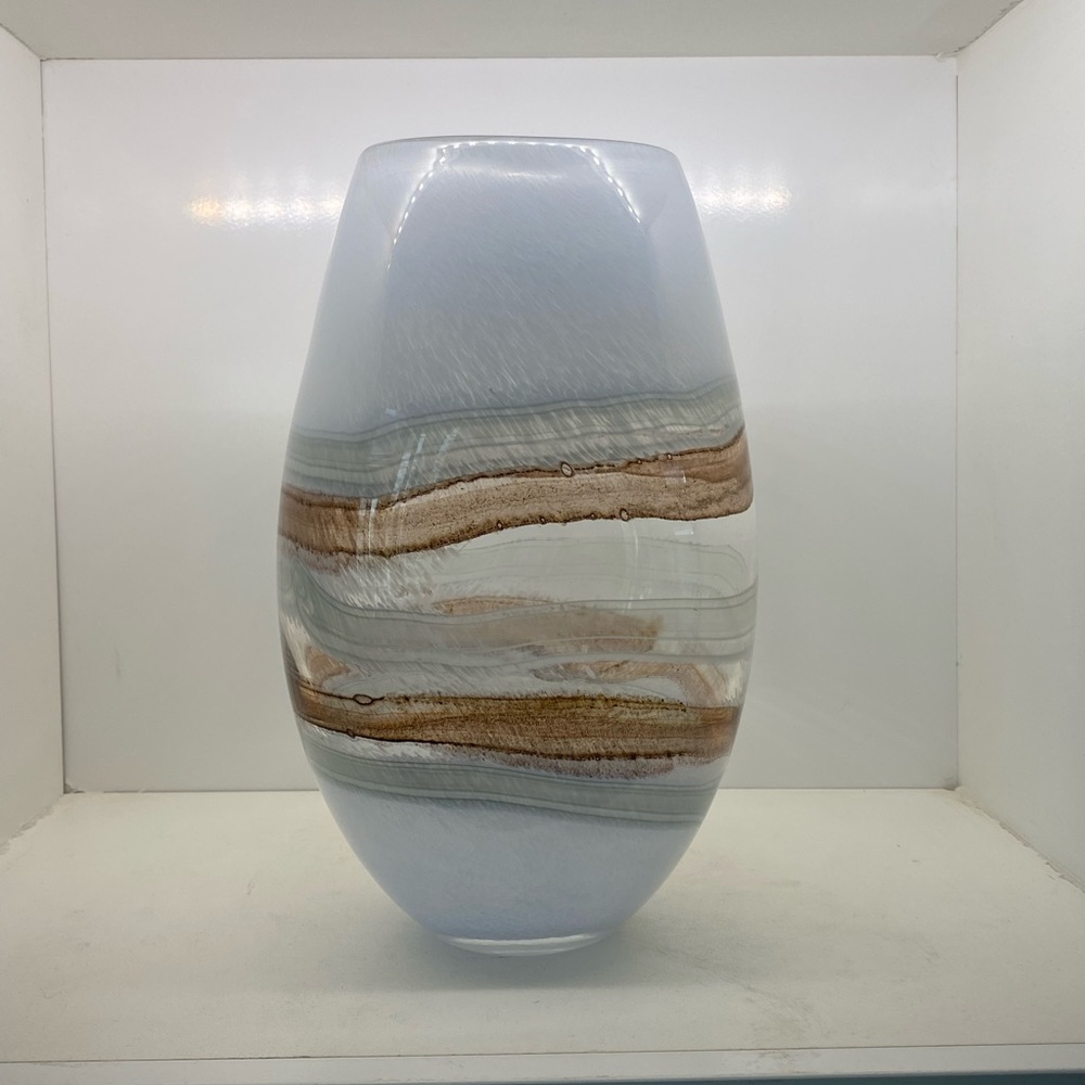 Modern Light Brown Swirl Clear Art Glass 12"Tall Vase